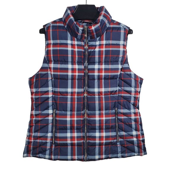 Tommy Hilfiger Quilted Puffer Vest L Navy Red Plaid Full-Zip Equestrian Preppy - Picture 1 of 5
